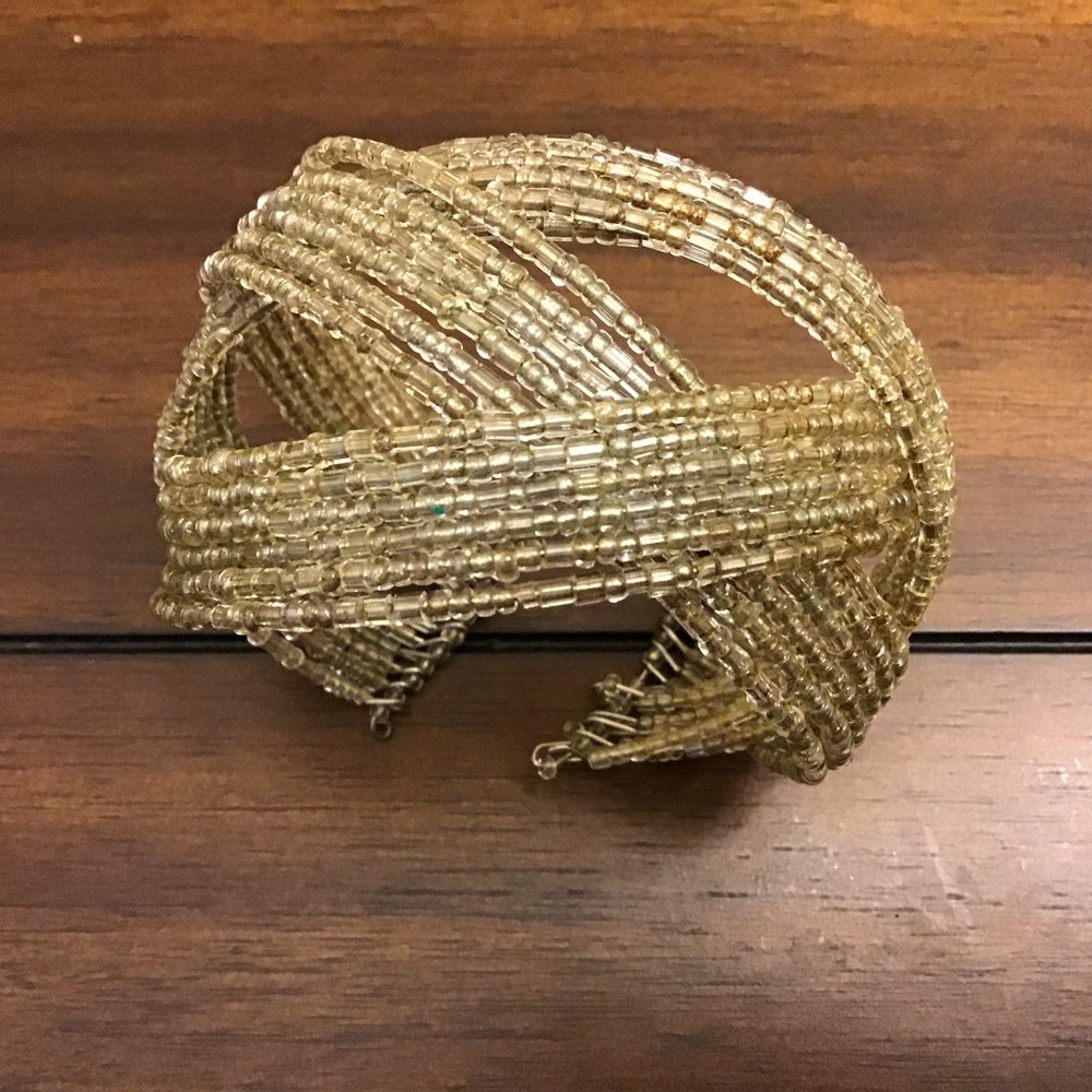 Silver and clear beaded wire cuff bracelet